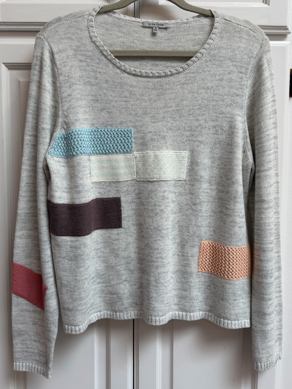 Lisa Todd Light Gray Crewneck Sweater With Color Block Patches Size Medium